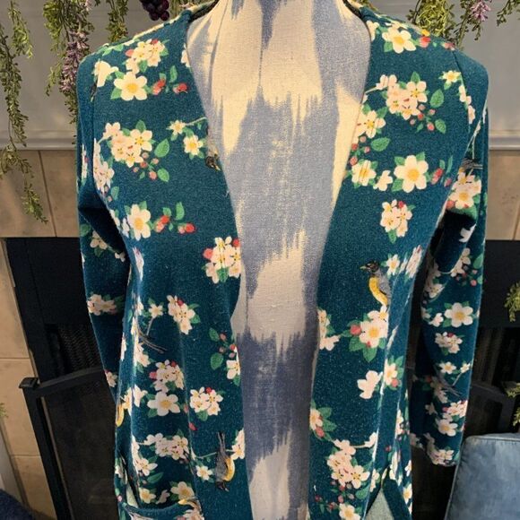 LuLaRoe Women's S RARE strawberry blossom yellow bird Sarah open front duster - Picture 2 of 8